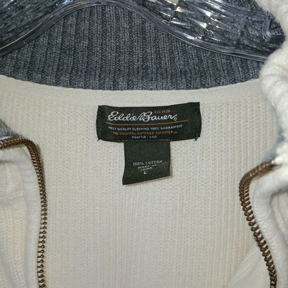 Eddie Bauer Men's L 1/4 zip Pullover Sweater Cream/OffWhite Striped Knit Preppy - Picture 5 of 16